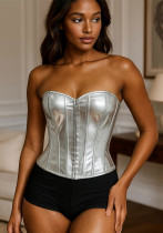 Women's Sexy Silver Metallic PU Corset with Strapless Design and Waist-Slimming Fit Women's Sexy Silver Metallic PU Corset with Strapless Design and Waist-Slimming Fit