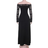 Women Slit Lace Long Sleeve Off‑Shoulder Formal Party Dress