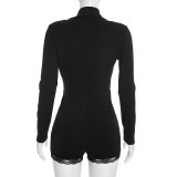 Women Fall‑Winter Casual Turndown Collar V‑Neck Long Sleeve Lace Trim Jumpsuit