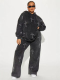 Women's American High-Street Cross Beaded Loose-Fit Hooded Top with Wide-Leg Sweatpants Two-Piece Set