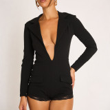 Women Fall‑Winter Casual Turndown Collar V‑Neck Long Sleeve Lace Trim Jumpsuit