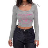 Women's Casual Ribbed Slim-Fit Cropped Long-Sleeve Square-Neck T-Shirt