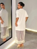 Women's Fashionable Round-Neck Short-Sleeve Solid T-Shirt with Mesh Patchwork Casual Loose-Fit Dress