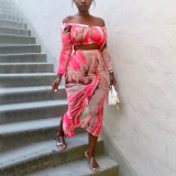 Women Long Sleeve Off‑Shoulder Mesh Printed Top & Slit Skirt Two‑Piece Set