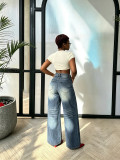 Women's High-Street Washed Ripped Wide-Leg Straight-Leg Denim Pants