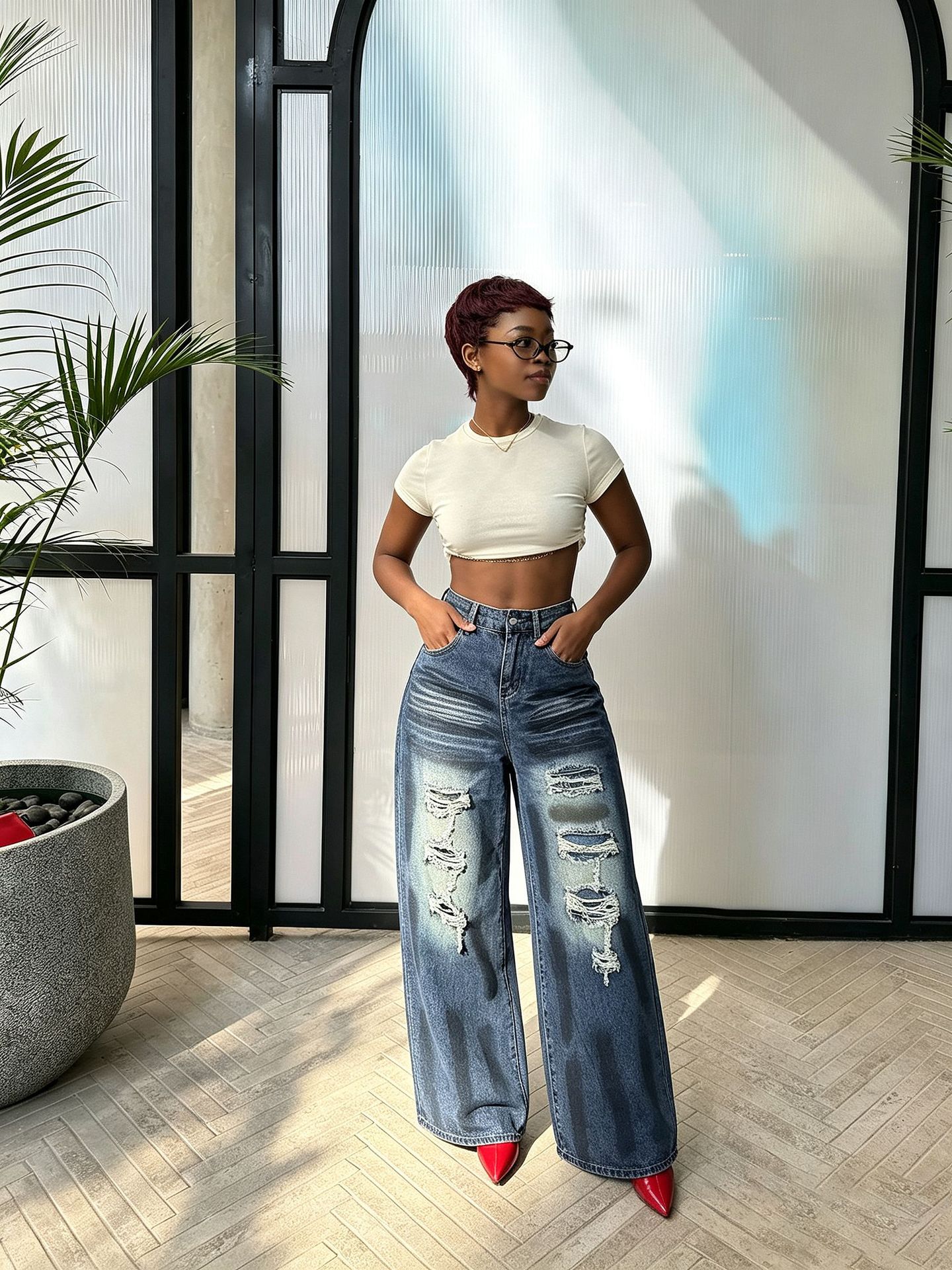 Washed Ripped Wide-Leg Straight-Leg Denim Pants for Streetwear
