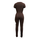 Women V‑Neck Short Sleeve Top & Cut‑Out Pants Two‑Piece Set
