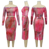 Women Long Sleeve Off‑Shoulder Mesh Printed Top & Slit Skirt Two‑Piece Set