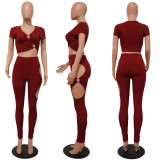 Women V‑Neck Short Sleeve Top & Cut‑Out Pants Two‑Piece Set