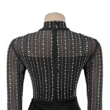 Women Beaded High‑Neck Mesh Long Sleeve Ruched Bodycon Dress