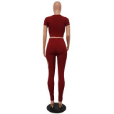 Women V‑Neck Short Sleeve Top & Cut‑Out Pants Two‑Piece Set
