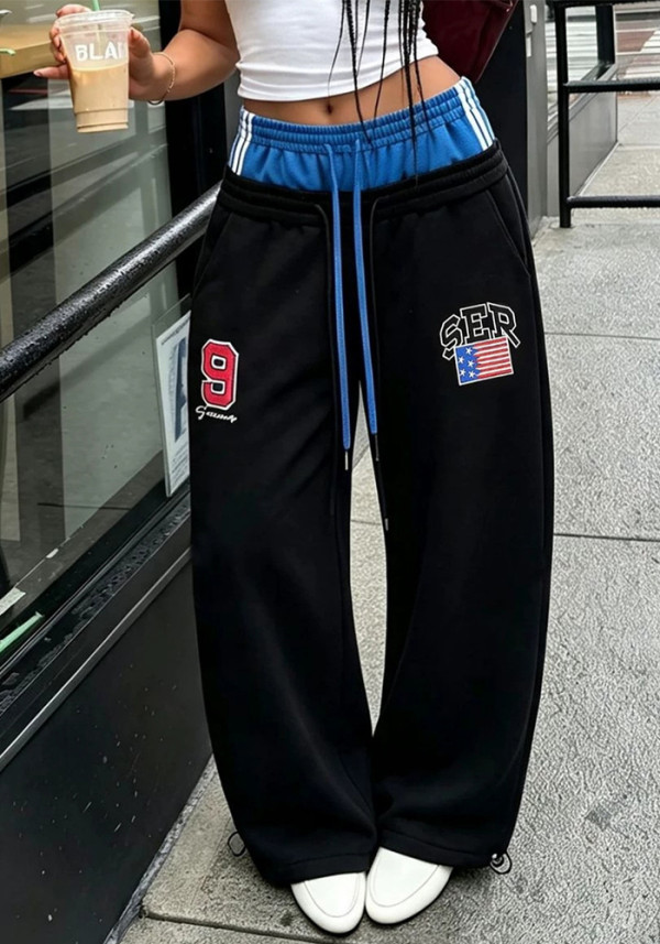 Women's Fashionable Drawstring Double-Waist Color-Block Patchwork Letter-Embroidered Sweatpants