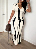 Women Sexy V‑Neck Ruched Short Sleeve Printed Dress