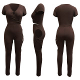 Women V‑Neck Short Sleeve Top & Cut‑Out Pants Two‑Piece Set