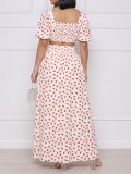 Women's Fashionable Holiday Polka-Dot Printed Puff-Sleeve Cropped Top with Skirt Two-Piece Set