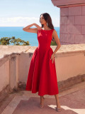 Women's Luxury Solid Red Sleeveless Slim-Waist A-line Formal Parties Dress