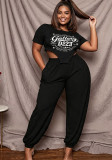 Plus Size Women's Casual Letter-Print One-Piece Cropped T-Shirt with Elastic-Waist Jogger Pants Two-Piece Set