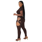 Women V‑Neck Short Sleeve Top & Cut‑Out Pants Two‑Piece Set