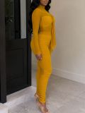 Women Mesh High Neck Patchwork Long-Sleeve Tie-Waist Ruffled Jumpsuit