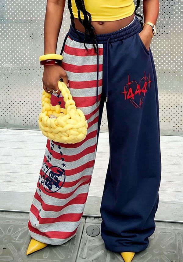 Women's Casual Striped Star Color-Block Letter-Embroidered Drawstring Sweatpants