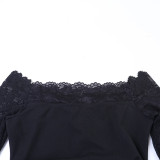 Women Slit Lace Long Sleeve Off‑Shoulder Formal Party Dress
