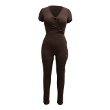Women V‑Neck Short Sleeve Top & Cut‑Out Pants Two‑Piece Set