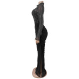 Women Beaded High‑Neck Mesh Long Sleeve Ruched Bodycon Dress