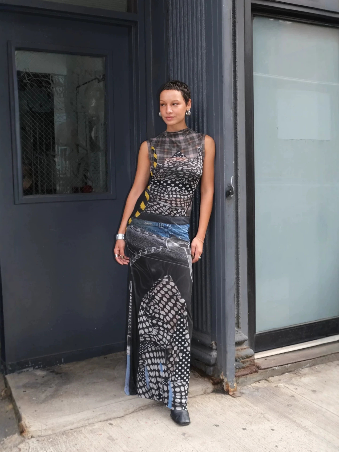 Polka-Dot Warning-Tape Print Mesh Sleeveless Stretch-Fit Bodycon Maxi Dress