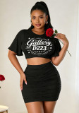 Plus Size Women's Letter-Print Short-Sleeve Cropped Top with Ruched Bodycon Skirt Two-Piece Set