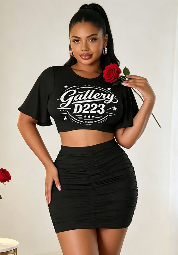 Plus Size Women's Letter-Print Short-Sleeve Cropped Top with Ruched Bodycon Skirt Two-Piece Set
