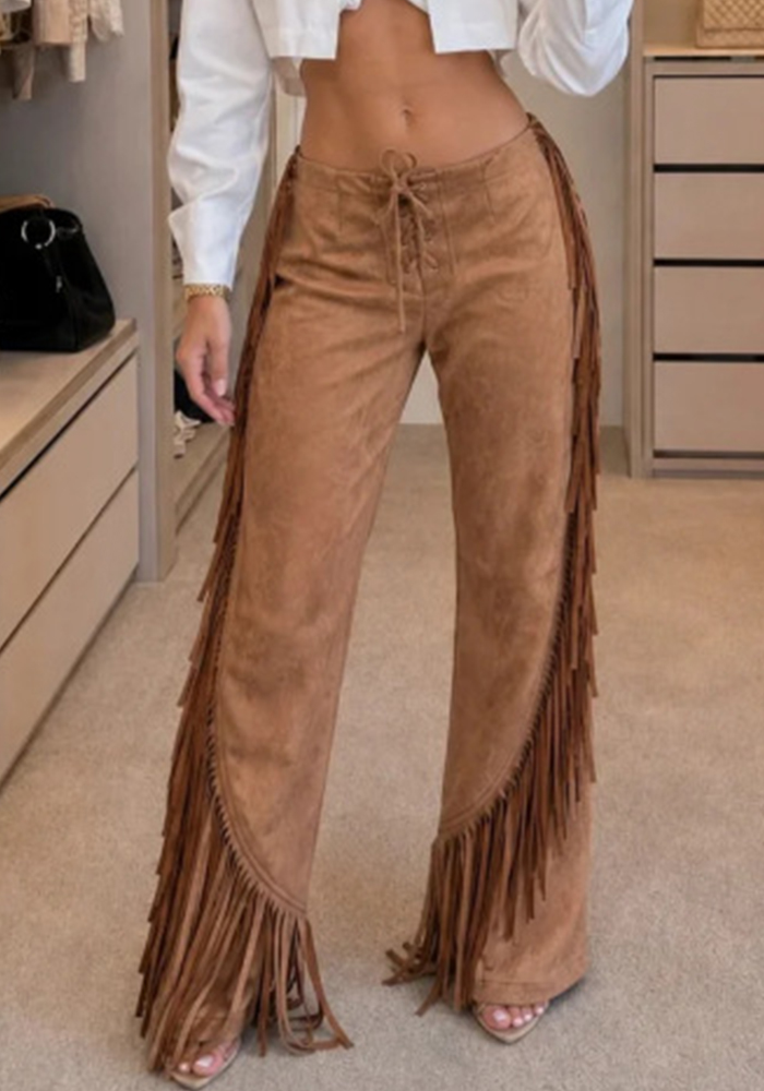 Tassel High-Waisted Slim-Fit Bell-Bottom Suede Pants for Fall