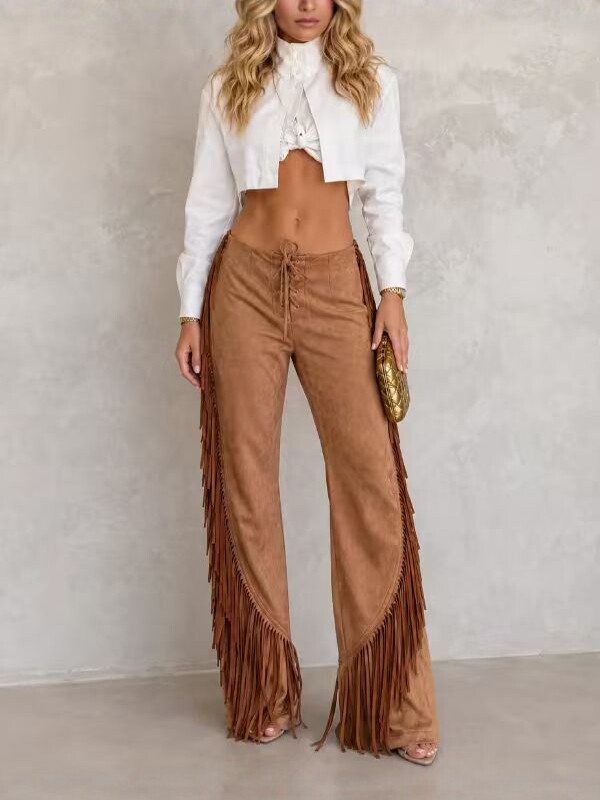 Tassel High-Waisted Slim-Fit Bell-Bottom Suede Pants for Fall