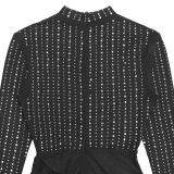 Women Beaded High‑Neck Mesh Long Sleeve Ruched Bodycon Dress