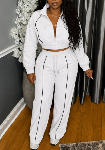 Women Spring Fall Casual Zipper Long Sleeve Top And Drawstring Long Pants Two Piece Set