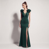 Plus Size Women's Formal Party Floral Beaded Deep-V High-Slit Dress