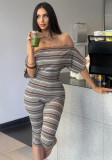 Women Summer Striped Sexy Strapless Off‑Shoulder Short Sleeve Top And Shorts Two Piece Set