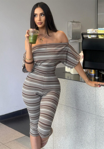 Women Summer Striped Sexy Strapless Off‑Shoulder Short Sleeve Top And Shorts Two Piece Set