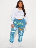 Women American Skull Print Long Sleeve Color Block Top And Letter Print Wide Leg Sweatpants Casual Two Piece Set