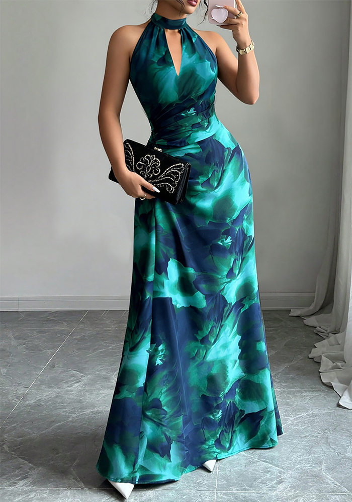 Halter Neck Backless Printed Maxi Dress for Holidays