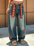 Women's Streetwear Applique Embroidered Star and Sword Denim Pants