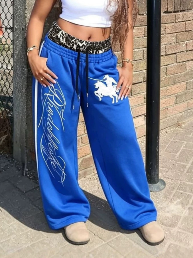 Leopard-Print Double-Waist Letter-Embroidered Sweatpants