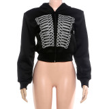Women Fall Long Sleeve Hooded Zipper Crop Top