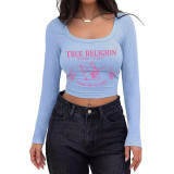Women's Casual Ribbed Slim-Fit Cropped Long-Sleeve Square-Neck T-Shirt