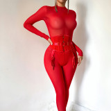Women See‑Through Long Sleeve Hollow‑Out Crotch‑Open Sexy Bodysuit