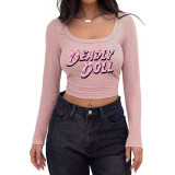 Women's Casual Ribbed Slim-Fit Cropped Long-Sleeve Square-Neck T-Shirt