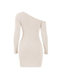 Women Elegant Long Sleeve Ribbed Knitting Sexy Slash Shoulder Ribbed Knitting Bodycon Dress