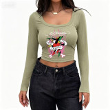 Women's Casual Ribbed Slim-Fit Cropped Long-Sleeve Square-Neck T-Shirt