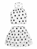 Women's Holiday Polka-Dot Printed Halter Neck Low-Back Ruffle Top with Tiered Mini Skirt Two-Piece Set