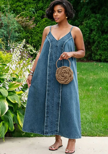 Women Casual Raw Edge Side Pocket Spaghetti Strap Denim Dress