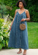 Women Casual Raw Edge Side Pocket Spaghetti Strap Denim Dress
